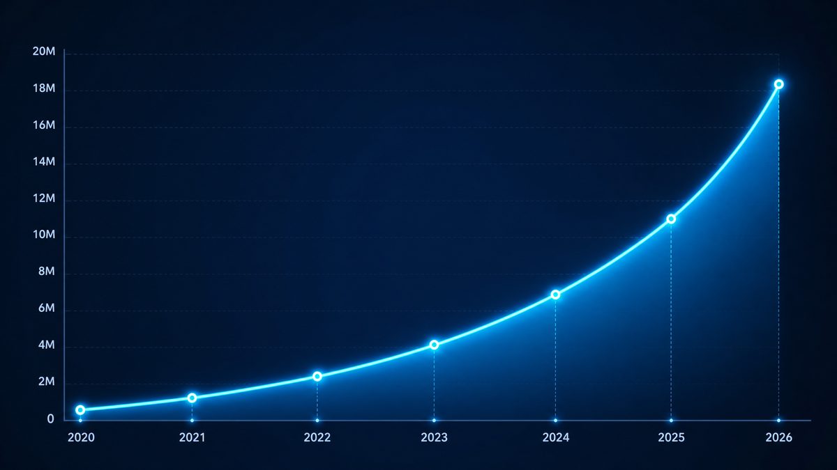 草莓视频用户增长数据图表,展示2020-2026年注册用户从50万增长至1800万的趋势